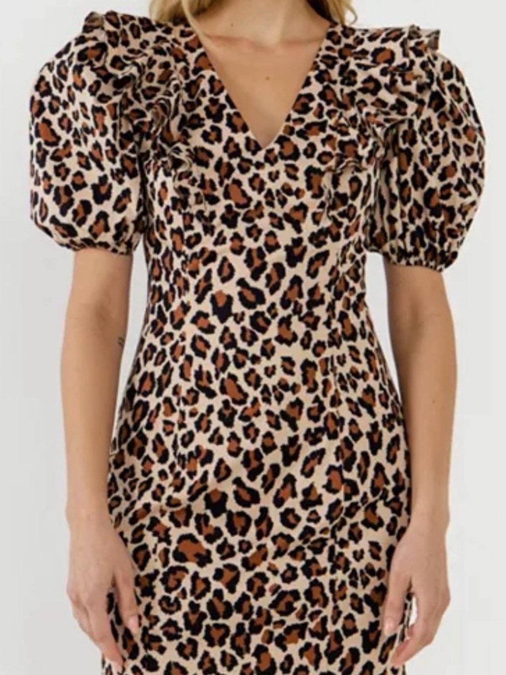 English Factory Leopard Print Midi Dress with Puff Sleeves